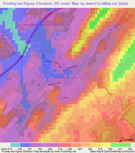 Pouilley-les-Vignes,France Elevation Map