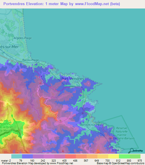 Portvendres,France Elevation Map