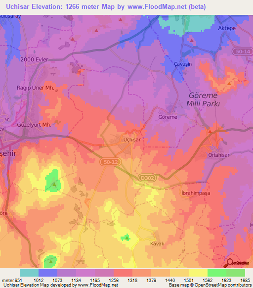 Uchisar,Turkey Elevation Map