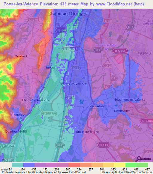 Portes-les-Valence,France Elevation Map