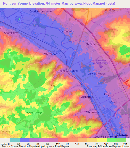 Pont-sur-Yonne,France Elevation Map