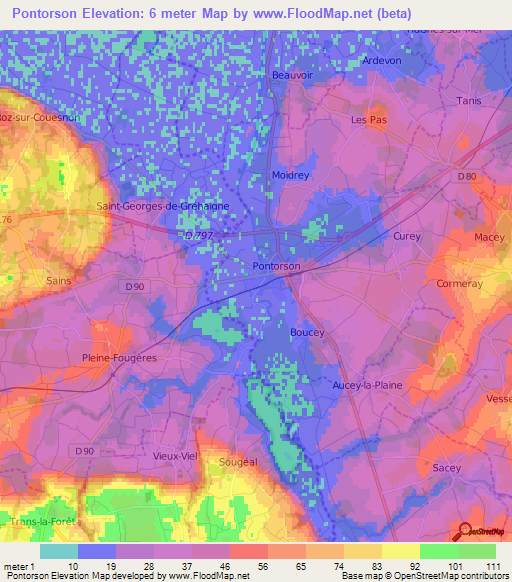 Pontorson,France Elevation Map