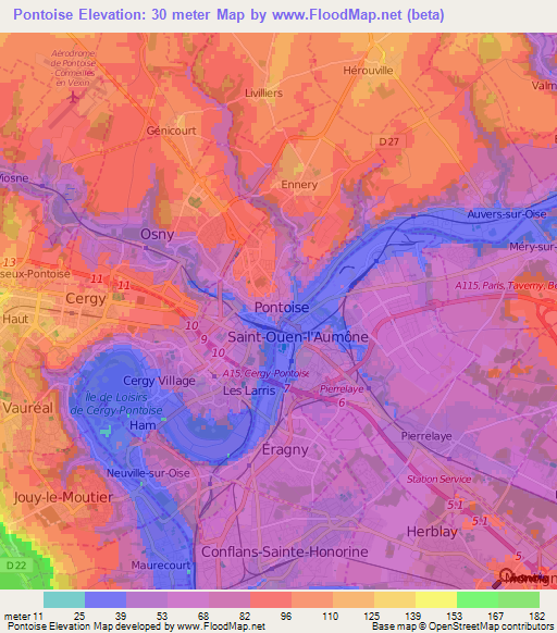 Pontoise,France Elevation Map