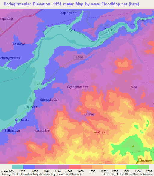 Ucdegirmenler,Turkey Elevation Map