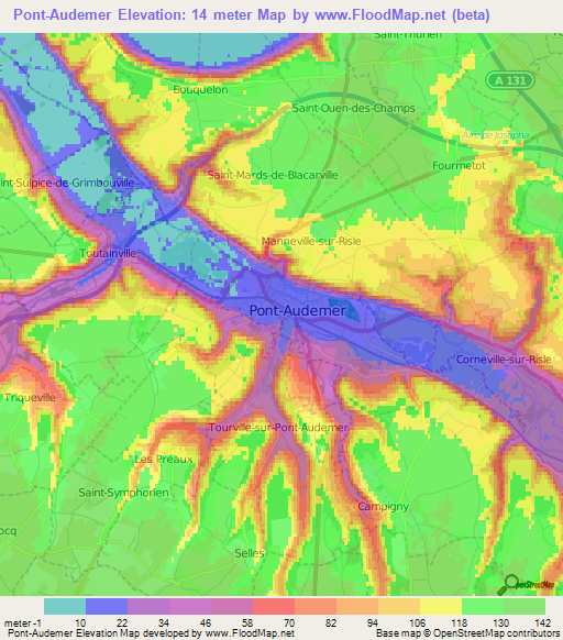 Pont-Audemer,France Elevation Map