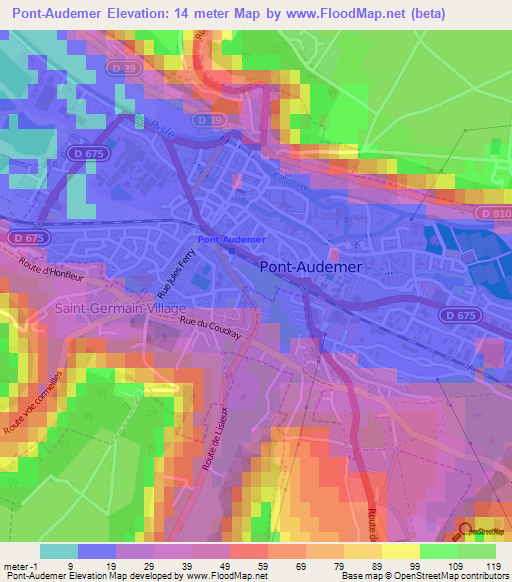 Pont-Audemer,France Elevation Map