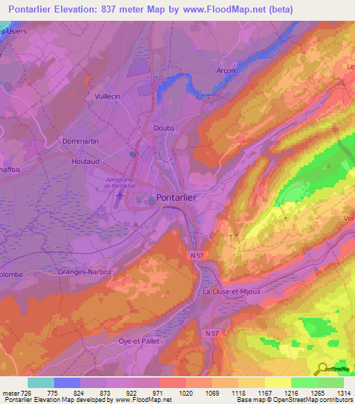 Pontarlier,France Elevation Map