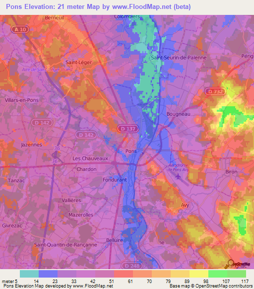 Pons,France Elevation Map