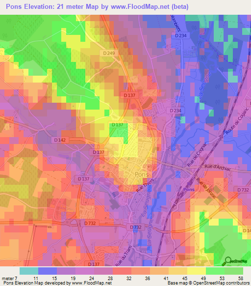 Pons,France Elevation Map