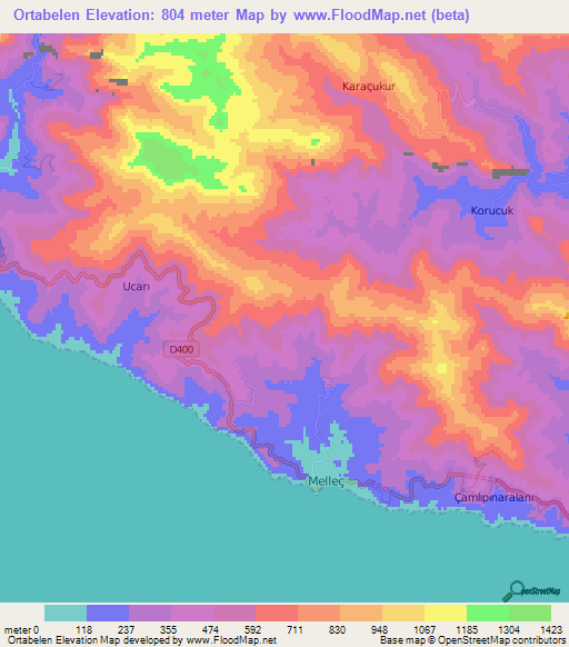 Ortabelen,Turkey Elevation Map