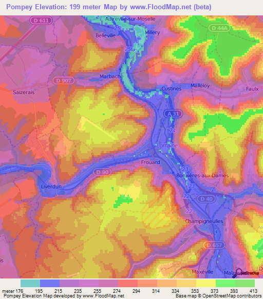 Pompey,France Elevation Map