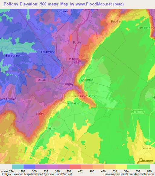 Poligny,France Elevation Map