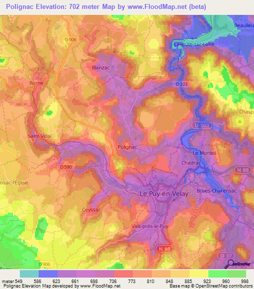 Polignac,France Elevation Map