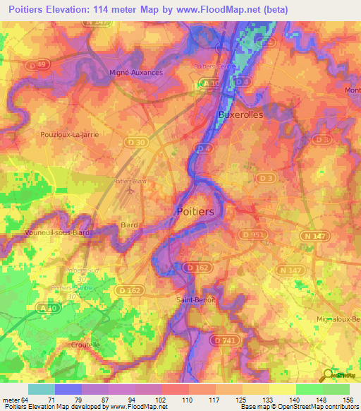 Poitiers,France Elevation Map