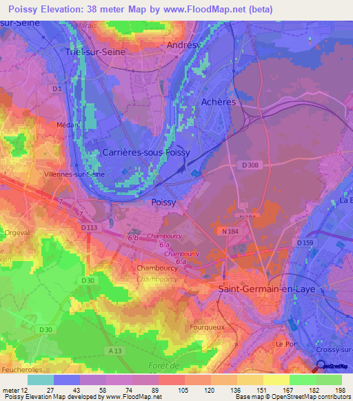 Poissy,France Elevation Map