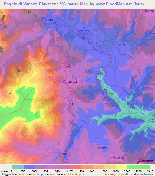 Poggio-di-Venaco,France Elevation Map