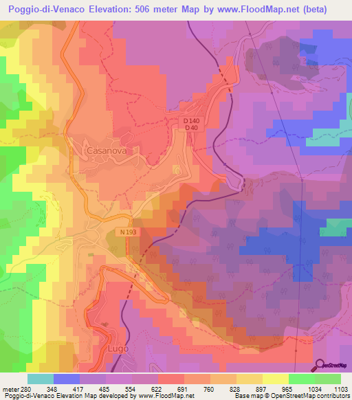 Poggio-di-Venaco,France Elevation Map