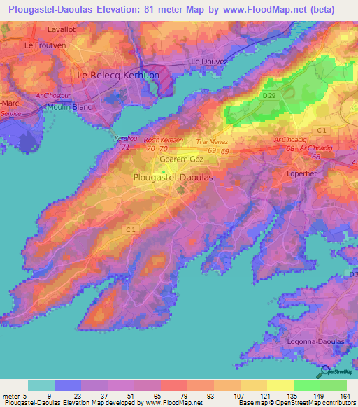 Plougastel-Daoulas,France Elevation Map