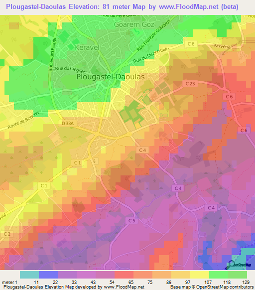 Plougastel-Daoulas,France Elevation Map