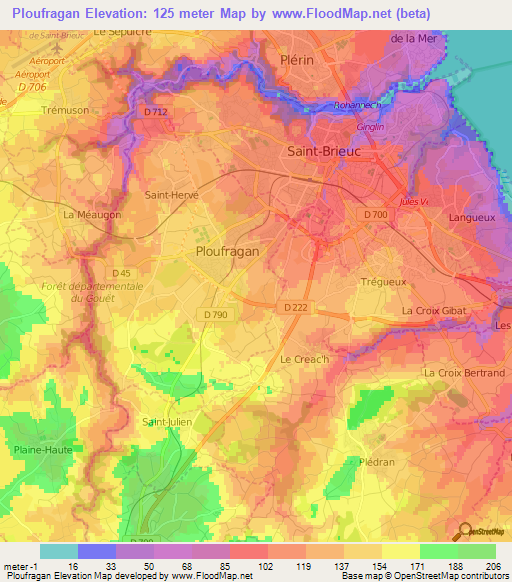 Ploufragan,France Elevation Map