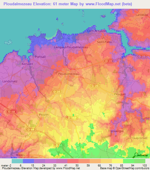 Ploudalmezeau,France Elevation Map