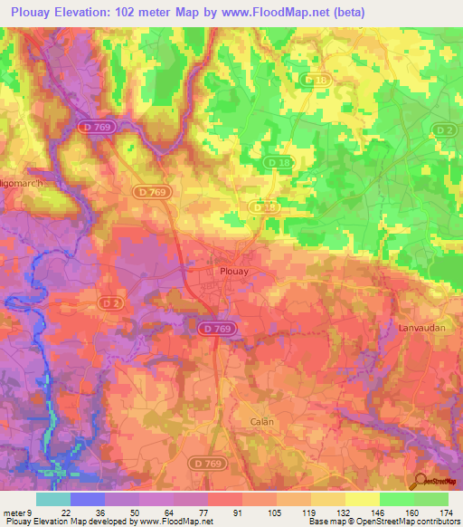 Plouay,France Elevation Map