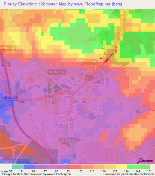 Plouay,France Elevation Map