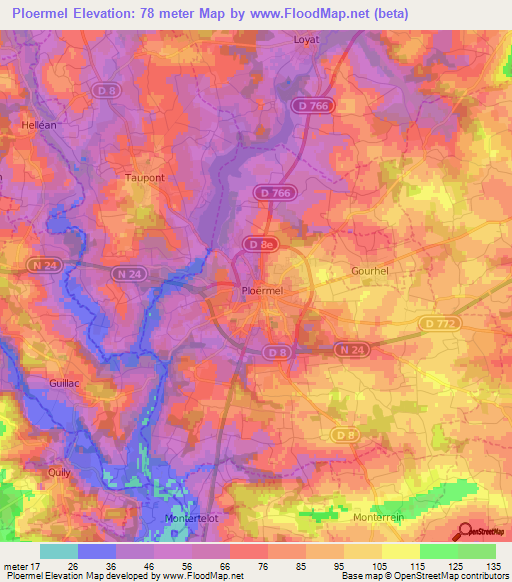 Ploermel,France Elevation Map