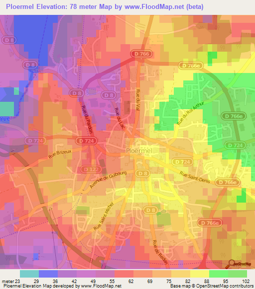 Ploermel,France Elevation Map