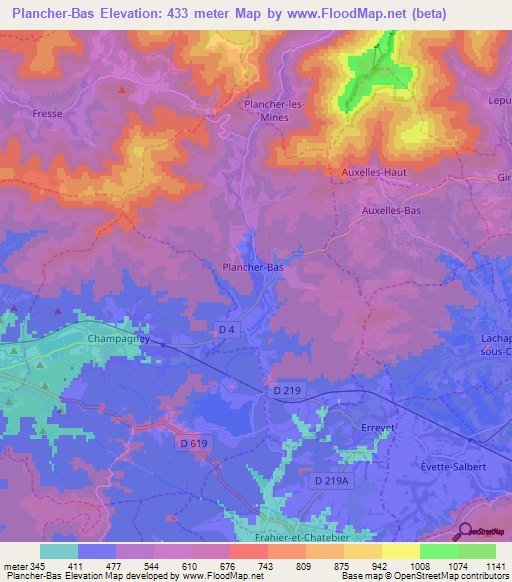 Plancher-Bas,France Elevation Map