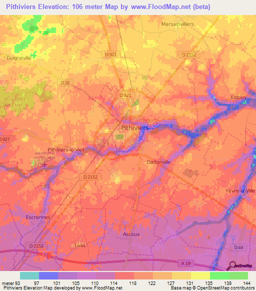 Pithiviers,France Elevation Map