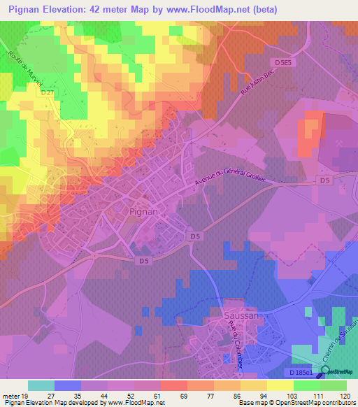 Pignan,France Elevation Map