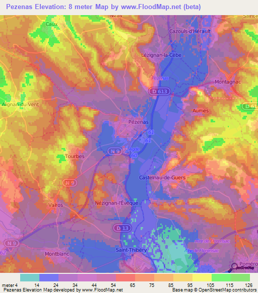 Pezenas,France Elevation Map