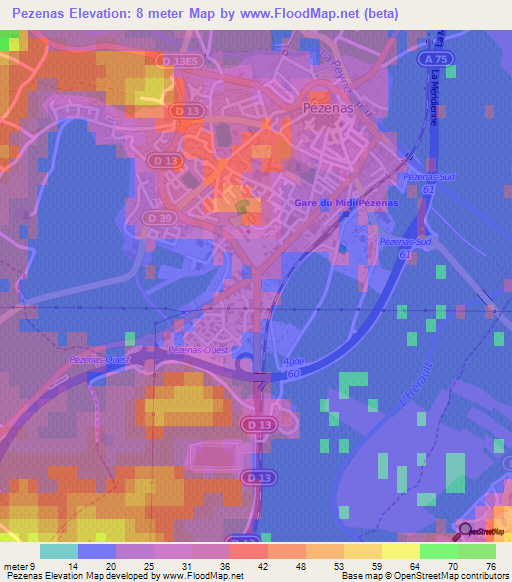 Pezenas,France Elevation Map