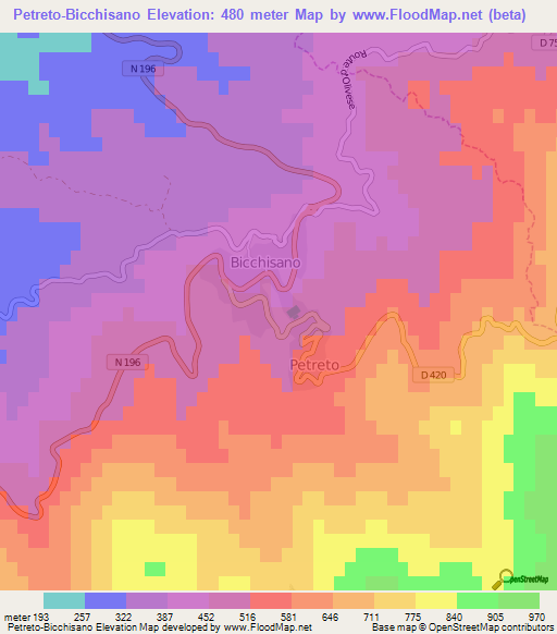 Petreto-Bicchisano,France Elevation Map