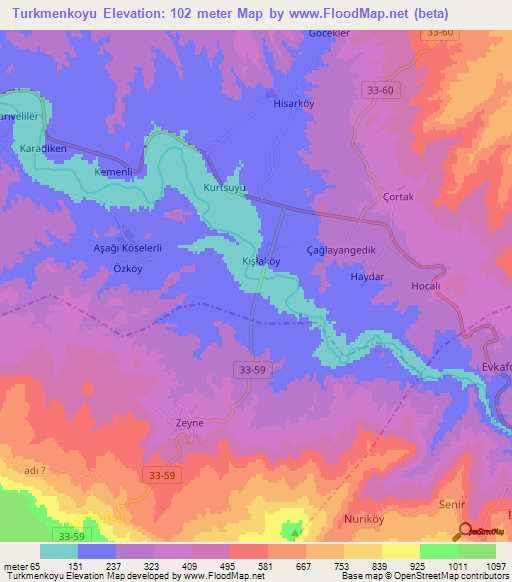 Turkmenkoyu,Turkey Elevation Map