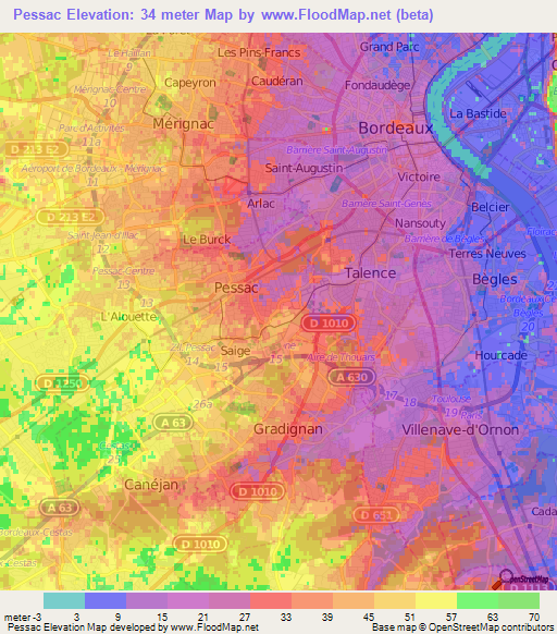 Pessac,France Elevation Map