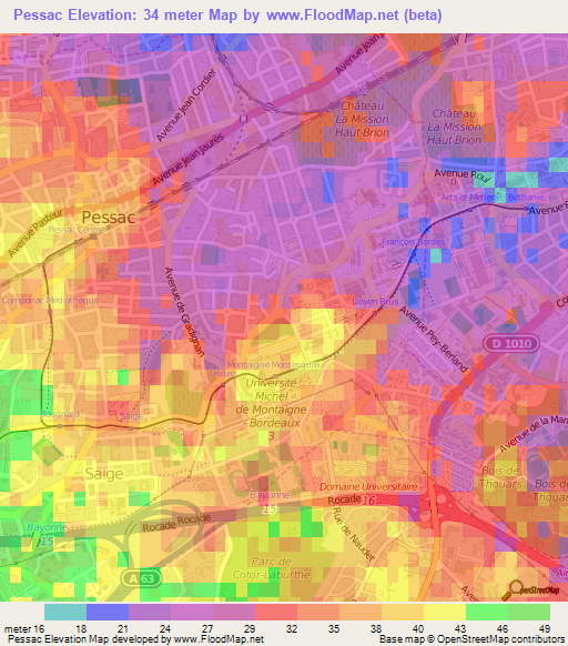 Pessac,France Elevation Map