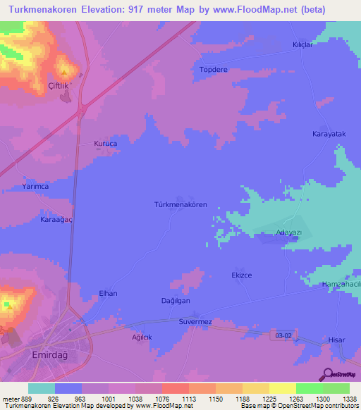 Turkmenakoren,Turkey Elevation Map