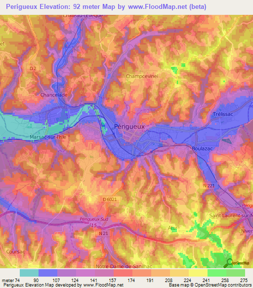 Perigueux,France Elevation Map