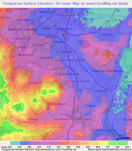 Perignat-les-Sarlieve,France Elevation Map