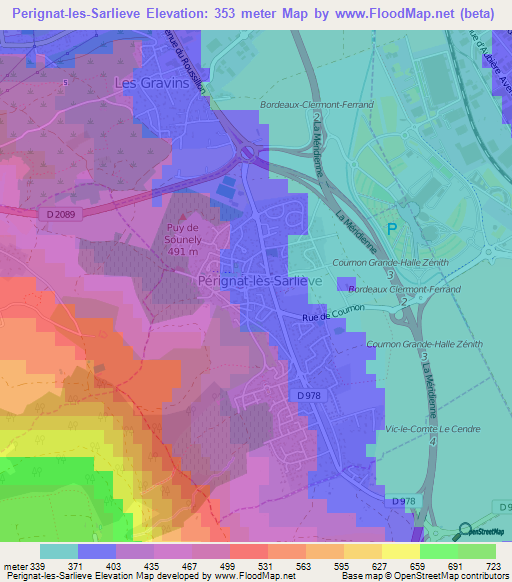 Perignat-les-Sarlieve,France Elevation Map