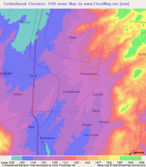 Turkbelkavak,Turkey Elevation Map