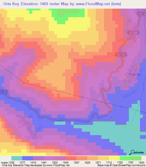 Orta Koy,Turkey Elevation Map