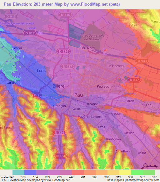 Pau,France Elevation Map