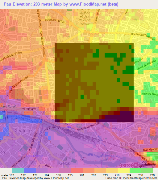 Pau,France Elevation Map