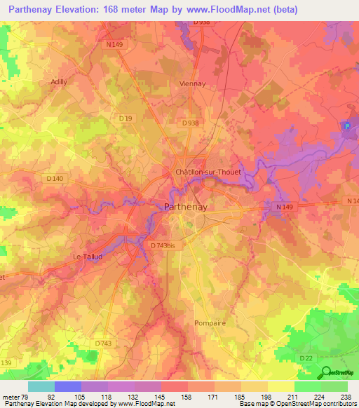 Parthenay,France Elevation Map