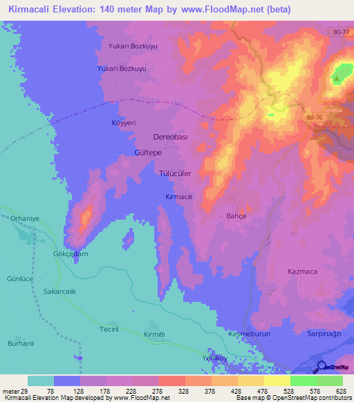 Kirmacali,Turkey Elevation Map