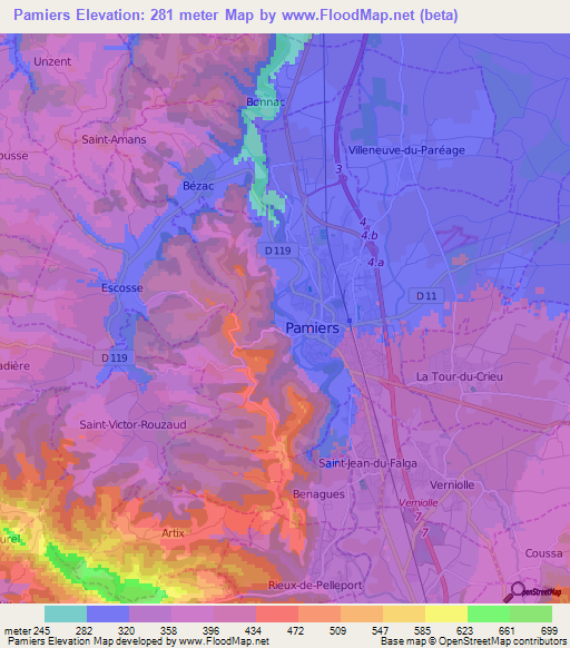 Pamiers,France Elevation Map