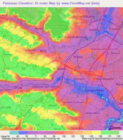 Palaiseau,France Elevation Map